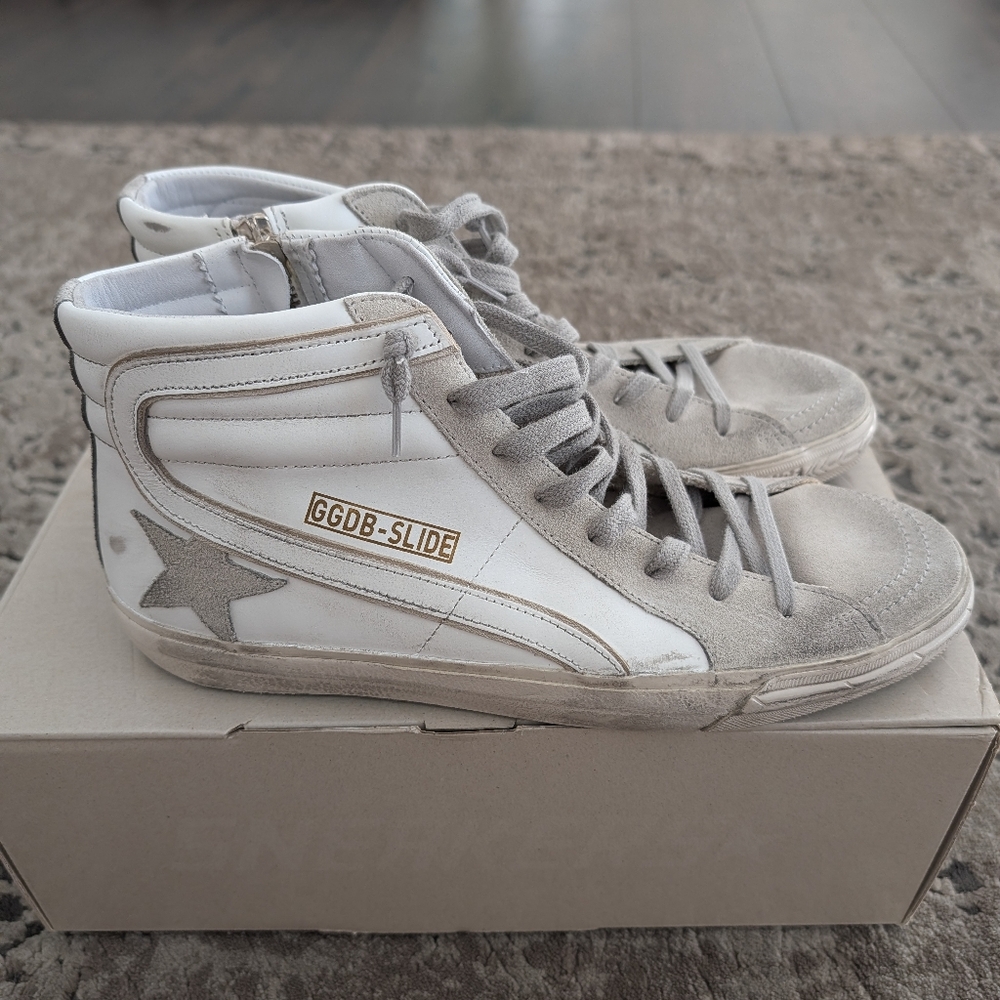 Golden Goose Slide High Top Sneaker Suede Toe And Star Leather White Ice Men's - Picture 9 of 13